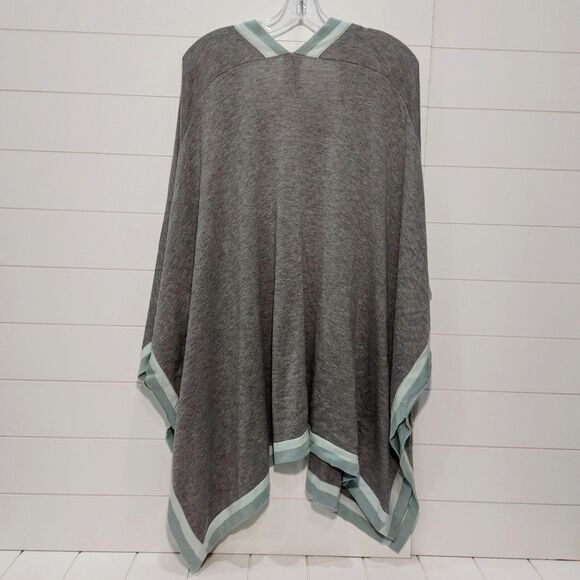 Chicos Women's L/XL Tipped Ruana Wrap Cashmere Blend Poncho Heather Gray Green - Picture 4 of 9